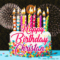 Amazing Animated GIF Image for Christan with Birthday Cake and Fireworks