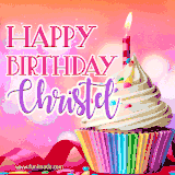 A vibrant birthday GIF featuring a rainbow-colored cupcake topped with white frosting, sprinkles, and a lit candle. The text reads 'Happy Birthday Christel' in bold pink and violet letters with white outline.