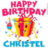 A vibrant and funny gift box character with a happy face dancing with a cupcake and the text 'Happy Birthday Christel,' surrounded by animated confetti and party vibes.
