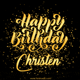 Animated GIF with colorful, festive 'Happy Birthday Christen' text decorated with patterns, a party hat, and falling confetti. A vibrant and cheerful design for birthday celebrations.