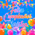A vibrant animated GIF with 'Feliz Cumpleaños Christen' written in colorful script, surrounded by balloons, confetti, and bunting on a bright blue background.