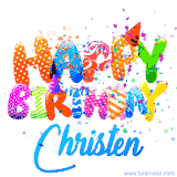 Animated GIF with colorful, festive 'Happy Birthday Christen' text decorated with patterns, a party hat, and falling confetti. A vibrant and cheerful design for birthday celebrations.