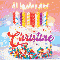Personalized for Christine elegant birthday cake adorned with rainbow sprinkles, colorful candles and glitter