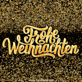 Ein roter Hintergrund mit grünen Tannenzweigen, goldenen Glöckchen und festlichen Lichtern.