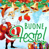 GIF con Babbo Natale in versione cartoon, un sacco pieno di doni e la scritta 'Buone Feste' decorata con campane dorate e luci natalizie.