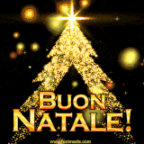 GIF con un albero di Natale stilizzato formato da luci dorate scintillanti e la scritta 'Buon Natale' in caratteri dorati.