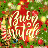 GIF festiva con una scritta elegante 'Buon Natale', candele accese, palline colorate e rami di agrifoglio.