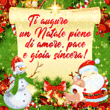 GIF con un messaggio di auguri in italiano: 'Ti auguro un Natale pieno di amore, pace e gioia sincera!', decorata con Babbo Natale e pupazzo di neve.
