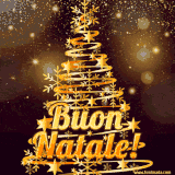 GIF animata con un albero di Natale stilizzato composto da stelle e spirali dorate, accompagnato dalla scritta 'Buon Natale!'