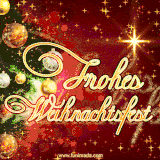 Ein dunkelroter Hintergrund mit goldenen Weihnachtskugeln, einem Weihnachtsbaum und funkelnden Lichtern.