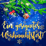 Ein blauer, funkelnder Hintergrund mit goldener Schrift, Tannenzweigen und weihnachtlichen Ornamenten.