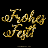 Schwarzer Hintergrund mit goldener, glitzernder Schrift und einem stilisierten Weihnachtsgruß.