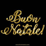 GIF con la scritta 'Buon Natale!' realizzata in uno stile dorato scintillante su sfondo nero elegante.