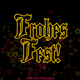 Gelbe leuchtende Schrift 'Frohes Fest' auf schwarzem Hintergrund mit bunten, funkelnden Neon-Sternen.