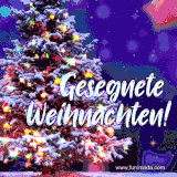 Ein verschneiter Weihnachtsbaum mit bunten, leuchtenden Lichtern auf dunklem winterlichen Hintergrund.