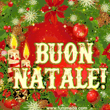 GIF colorata con candele accese, agrifoglio, palline di Natale e una scritta decorativa 'Buon Natale!'