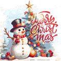 Experience the magic of a vintage Christmas GIF with a drawn snowman, decorated tree, and flickering lights