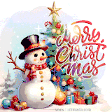 Animated GIF featuring a snowman, a Christmas tree, presents, the words 'Merry Christmas', and shimmering stars and bokeh effects.