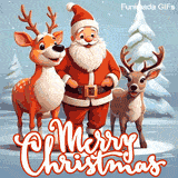 Animated GIF of Santa Claus surrounded by two reindeers, glitter, and 'Merry Christmas' text in decorative lettering.