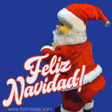 Animación de un adorable gatito vestido con un gorro de Santa, sosteniendo una varita mágica con estrellas brillando, junto a la frase 'Feliz Navidad!'.