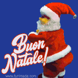 GIF divertente con Babbo Natale che balla su sfondo blu, vestito nel classico abito rosso e scritta festiva 'Buon Natale!'