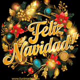 Animación de un Santa Claus sonriente acompañado de dos renos con astas decoradas, sobre un fondo nevado con 'Feliz Navidad!'.