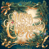 A classic Christmas animated GIF with gold lettering, green boughs, red berries, and shimmering stars.