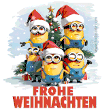 Fünf Minions in Weihnachtsmützen stehen vor einem geschmückten Baum mit Geschenken, während Schneeflocken fallen.