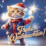 Eine niedliche Katze in Weihnachtskleidung hält einen leuchtenden Zauberstab, umgeben von funkelnden Lichtern.