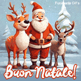 GIF con Babbo Natale sorridente in compagnia di due renne su uno sfondo innevato con la scritta 'Buon Natale!'