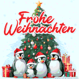 Vier Pinguine in Weihnachtsmützen vor einem dekorierten Tannenbaum mit Geschenken auf winterlichem Untergrund.