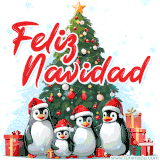 Animación con un Santa Claus moderno bailando con gafas y capa roja, rodeado de regalos y confeti con 'Feliz Navidad!'.