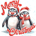 Two cute hand drawn pinguins in Santa hats and animated snowflakes