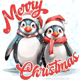 Two animated penguins wearing Santa hats and red scarves with the words 'Merry Christmas' and snowflakes falling in the background.