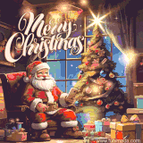Santa Claus lounging in his comfy red chair, with twinkling lights, a festive tree, and gifts filling the room.
