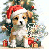 A playful puppy in a Santa hat, sitting happily next to a sparkling Christmas tree and colorful holiday gifts.