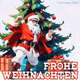 Ein stilisierter Weihnachtsmann tanzt vor einem festlich geschmückten Baum mit bunten Geschenken und Konfetti.