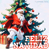 Animación con un Santa Claus clásico sosteniendo regalos, con un árbol iluminado de fondo y la frase 'Feliz Navidad!'.