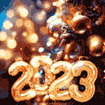 Magically adorned Christmas tree, bokeh lights, and golden 2023 in a festive GIF
