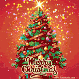 A dazzling Christmas tree adorned with bright ornaments, ribbons, and sparkling confetti, spreading holiday cheer.