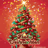 Ein wunderschöner Weihnachtsbaum mit roten und goldenen Kugeln, Lichterketten und funkelnden Sternen.