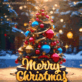 A festive Christmas tree covered in colorful ornaments with a cheerful Merry Christmas message shining below.