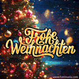 Eine goldene, elegante Schrift 'Frohes Fest' auf weißem Hintergrund mit funkelnden Sterneneffekten.