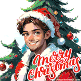 A cheerful anime character wearing a Santa hat and sweater, spreading holiday vibes with a sparkling Christmas tree in the background.