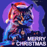 A funky DJ cat in a Santa hat spinning records with 'Merry Christmas' lighting up the scene.