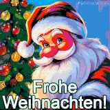 Ein farbenfrohes Bild von Santa Claus mit roten Wangen und einem festlich geschmückten Weihnachtsbaum im Hintergrund.