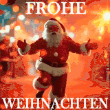 Ein energiegeladener Weihnachtsmann tanzt fröhlich vor einer leuchtenden Kulisse mit warmen Lichtern.