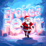 Ein animierter Weihnachtsmann läuft vor großen, beleuchteten Buchstaben mit der Aufschrift 'Frohes Fest'.