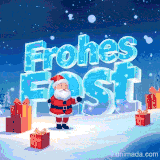 Ein animierter Weihnachtsmann steht vor schimmernden Buchstaben 'Frohes Fest' mit Geschenken und Schneeflocken.