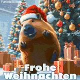 Ein Capybara mit Weihnachtsmütze bewegt sich fröhlich vor einem geschmückten Baum mit Geschenken.